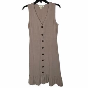 Monteau Beige Button Down Sleeveless Dress V Neck Ruffled Bottom Rayon M